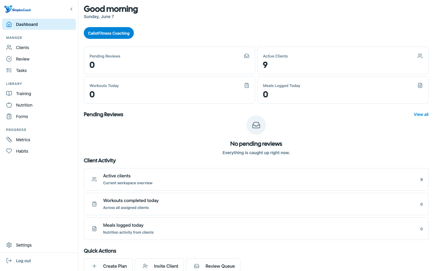 SimplexCoach coach dashboard