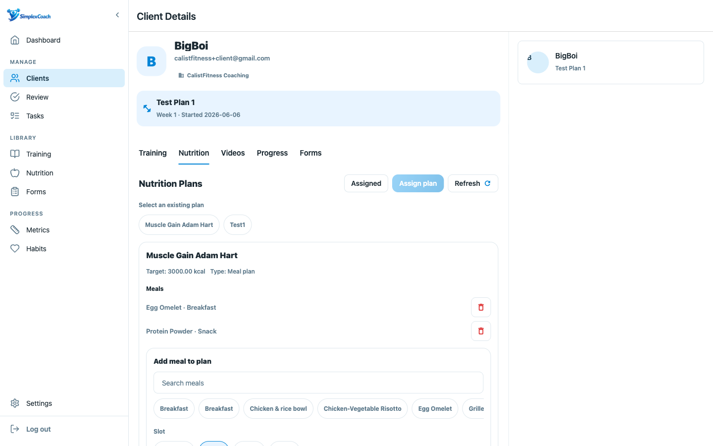 Nutrition coaching dashboard